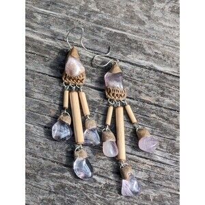 Vintage Stone Bohemian Earrings, Handcrafted Purple Gemstone Dangle Earrings